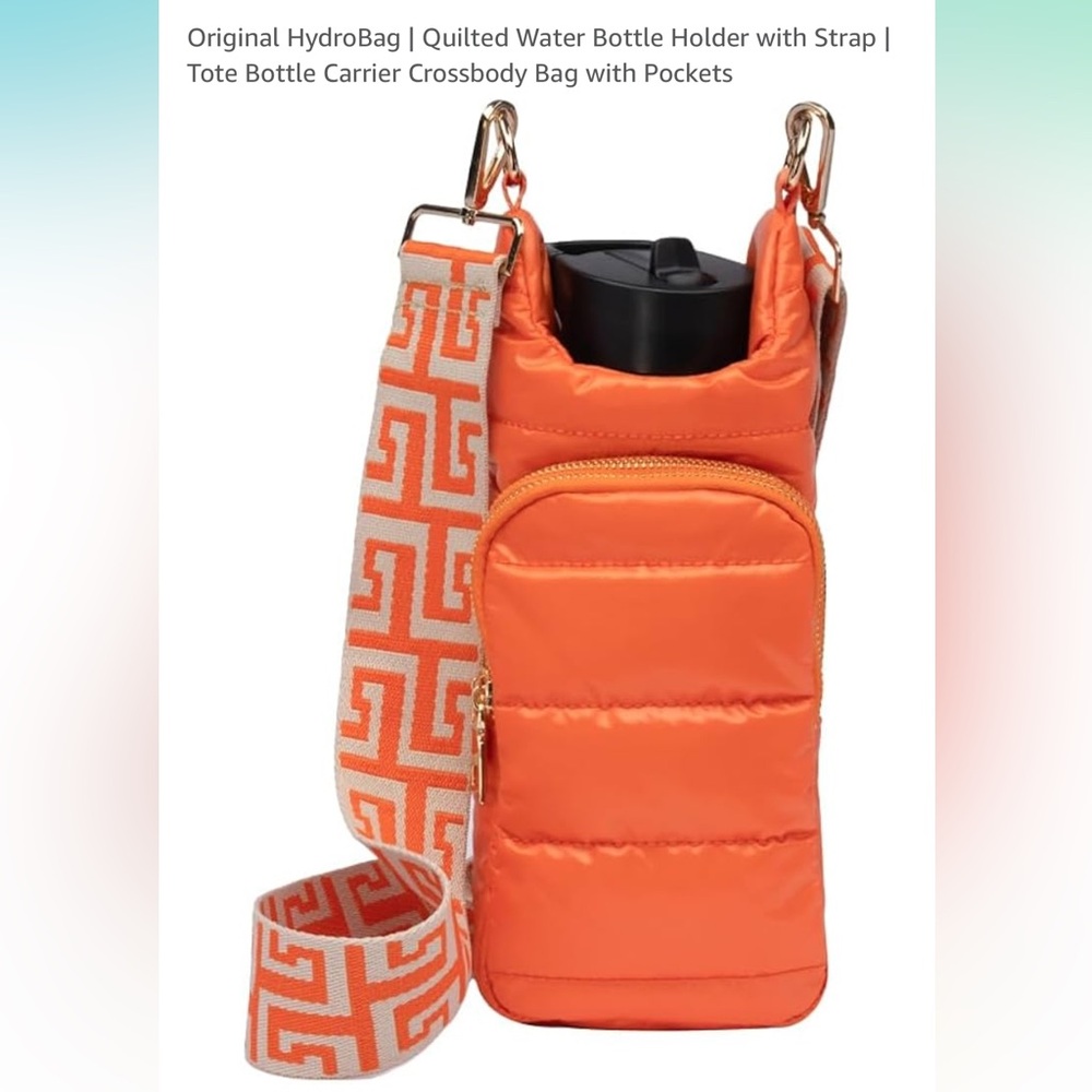 Orange Puffer Quilted Water Bottle Crossbody with Strap